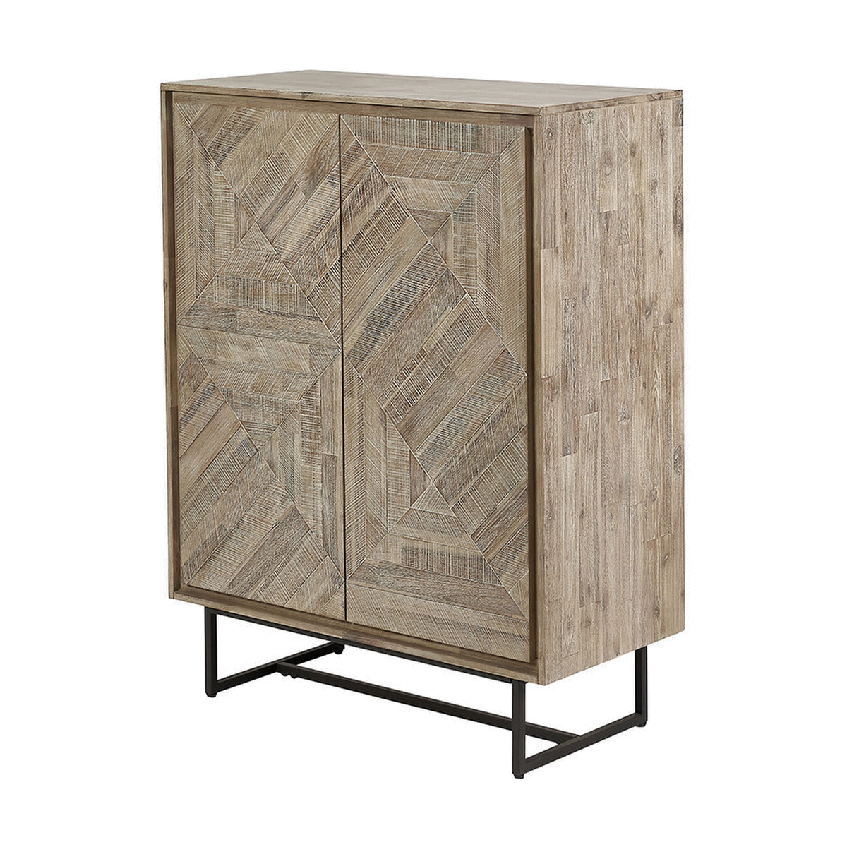 Marca 2-door bar cabinet in sand wash acacia wood with geometric parquet-patterned doors and black iron angled legs, shown on a plain white background.