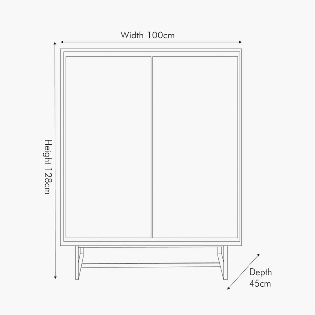 Line drawing of the Marca 2 door bar cabinet showing dimensions: 100cm width, 128cm height, 45cm depth, with angled legs and a cross stretcher base.