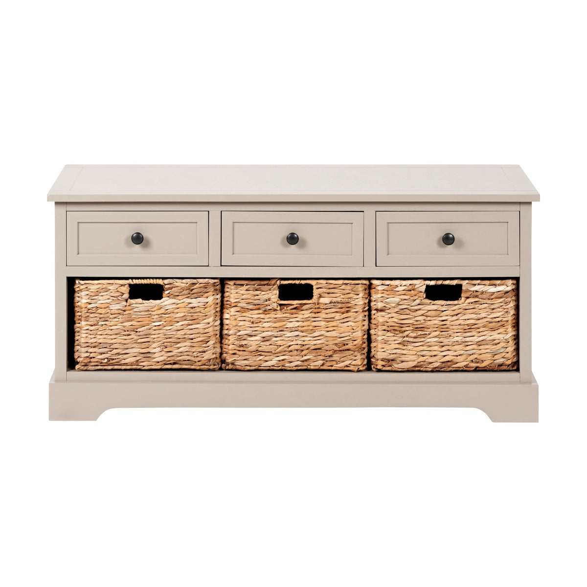 Devonshire Putty Pine 3 drawer basket unit sideboard with beige wood frame, black knobs, and three woven wicker baskets, shown on a plain white background.