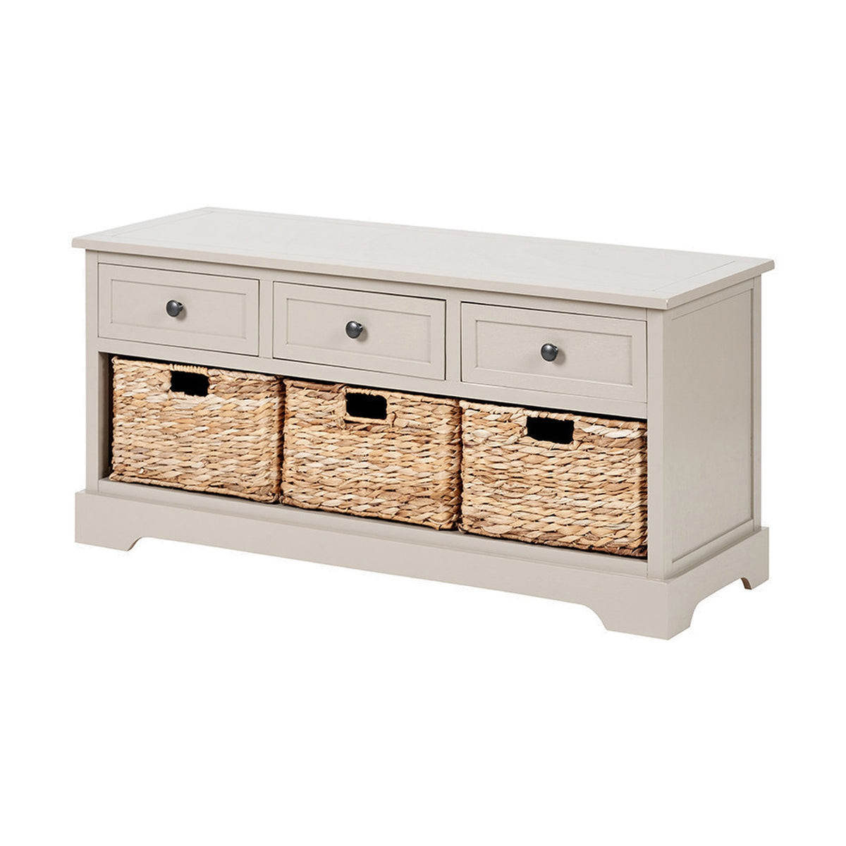 Devonshire Putty Pine 3-drawer sideboard in wood with beige finish, wicker baskets below, on a plain white background.