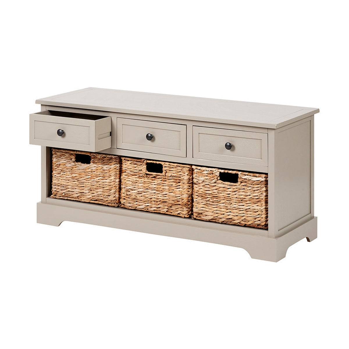 Devonshire Putty Pine 3 drawer basket unit sideboard with wood frame, three top drawers with dark knobs and three woven wicker baskets below, on a plain white background.