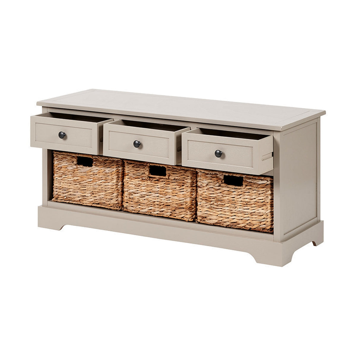Devonshire putty pine sideboard with 3 open drawers, overhanging top, and 3 woven wicker baskets on a plain white background.