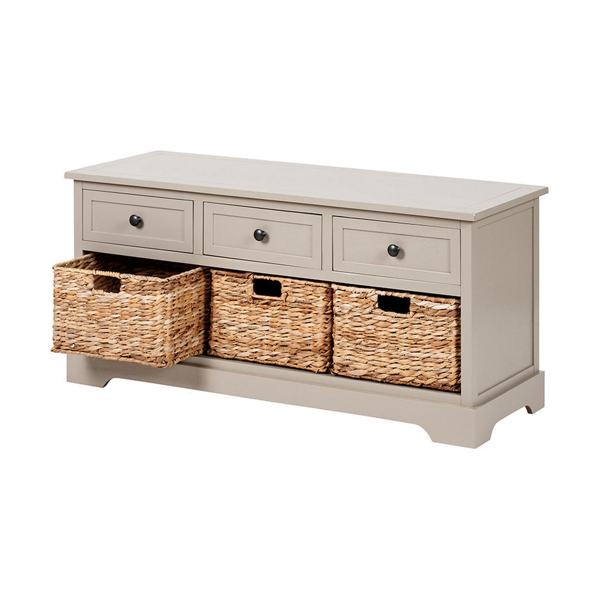 Devonshire Putty Pine 3 drawer basket unit sideboard with three wicker baskets beneath wooden drawers with round knobs, on a plain white background.