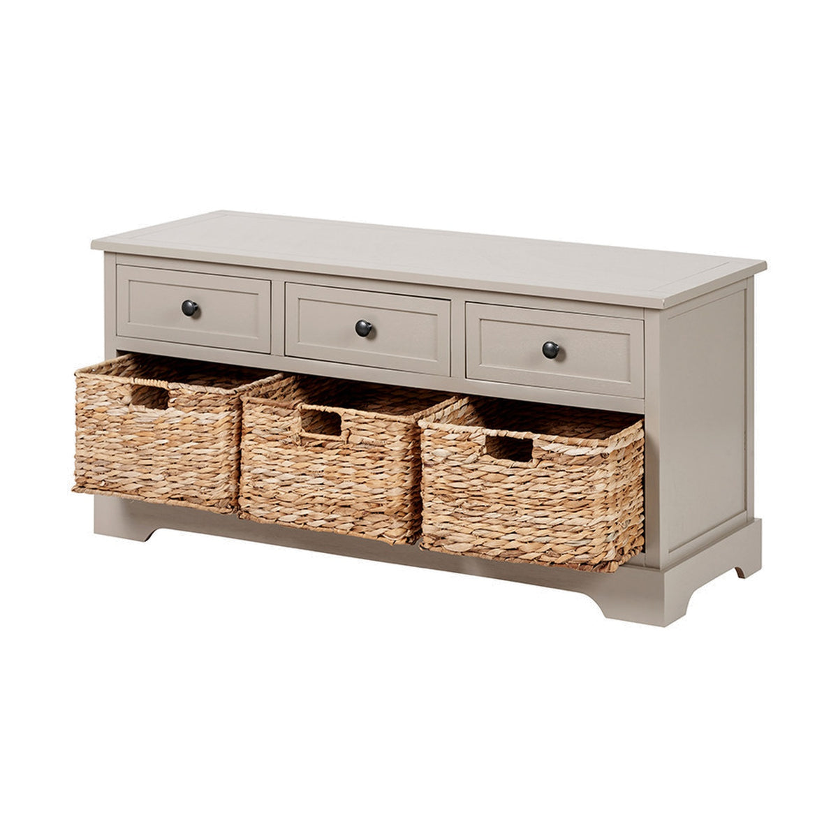 Devonshire Putty Pine 3 drawer basket unit sideboard with three wicker baskets beneath painted drawers on a plain white background.