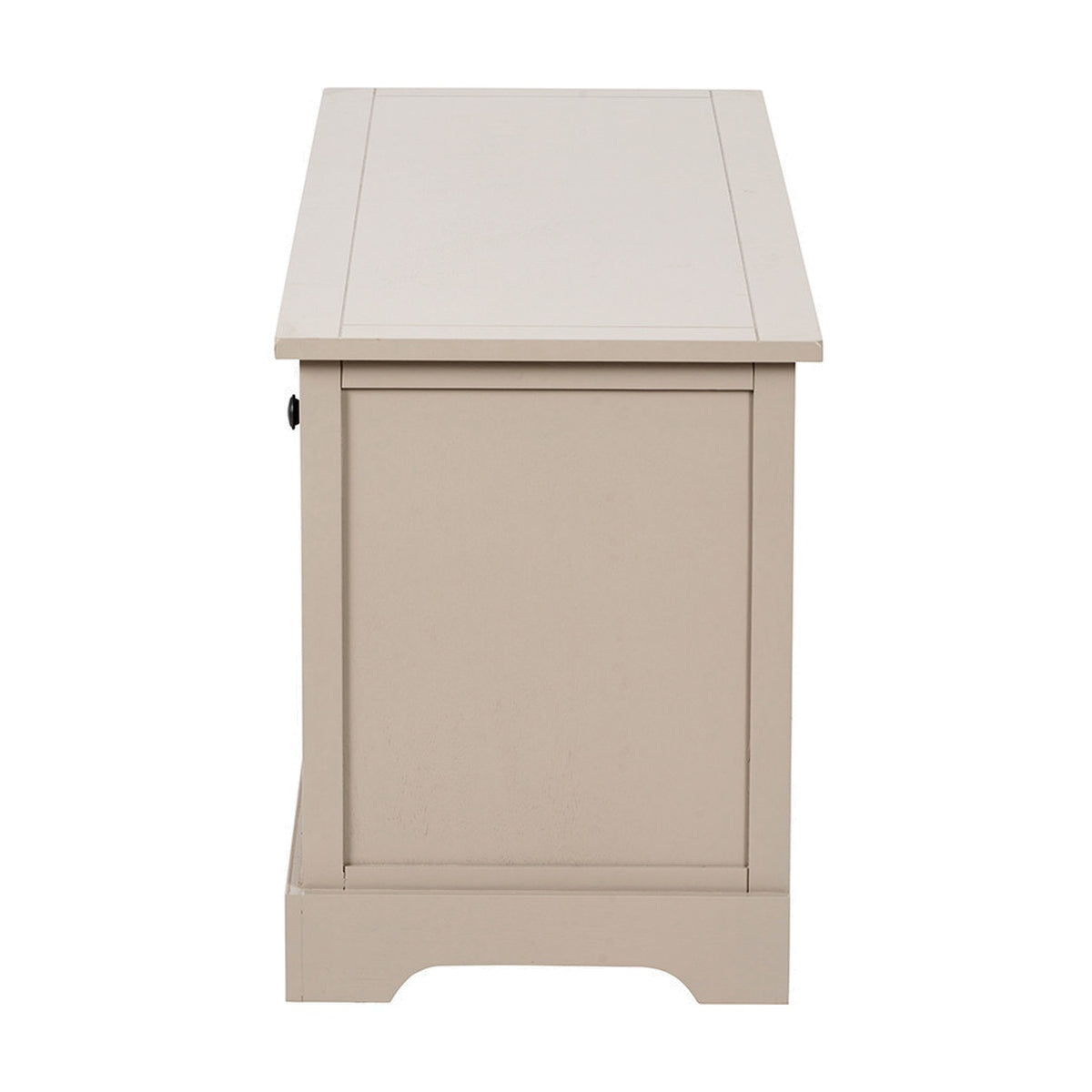 Side view of the Devonshire Putty Pine 3 Drawer Basket Unit Sideboard, showing the solid wood panel end and plinth base in a putty finish against a plain white background.