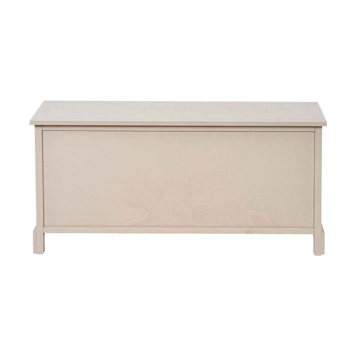 Devonshire Putty Pine 3 drawer basket unit sideboard in beige wood, closed front with panel drawers and slight top overhang, shown on a plain white background.