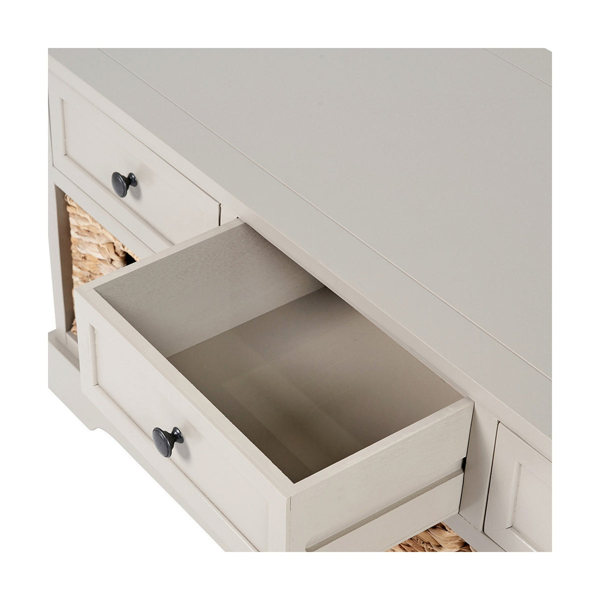 Close-up of the Devonshire Putty Pine 3 Drawer Basket Unit Sideboard showing an open drawer with rounded dark knobs and a wicker basket beside it in a putty painted wood finish.