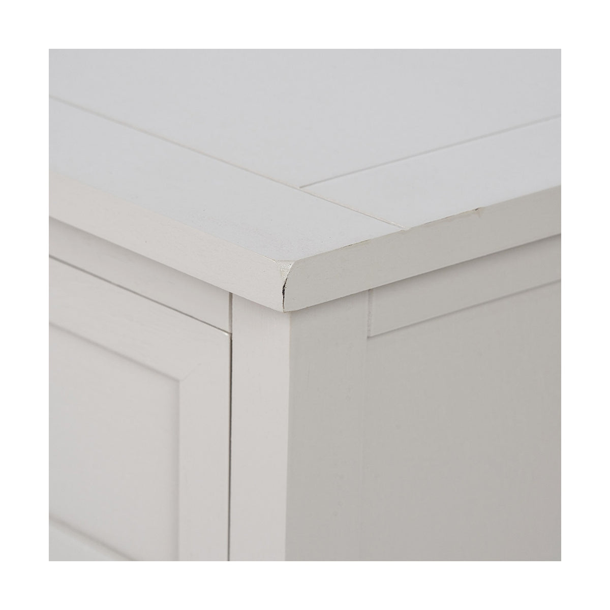 Close-up of the Devonshire Putty Pine 3 Drawer Basket Unit Sideboard, showing the corner joinery and overhanging top edge in a light putty painted wood finish.