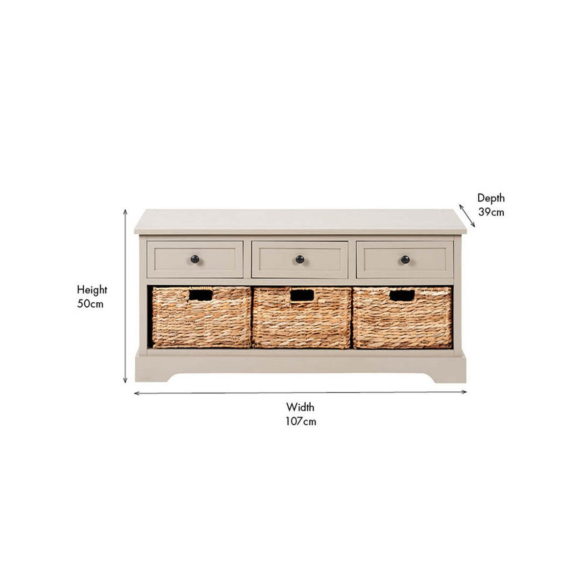 Devonshire Putty Pine storage bench sideboard with three drawers and three woven wicker baskets, labelled 107cm width, 50cm height, 39cm depth on white background.