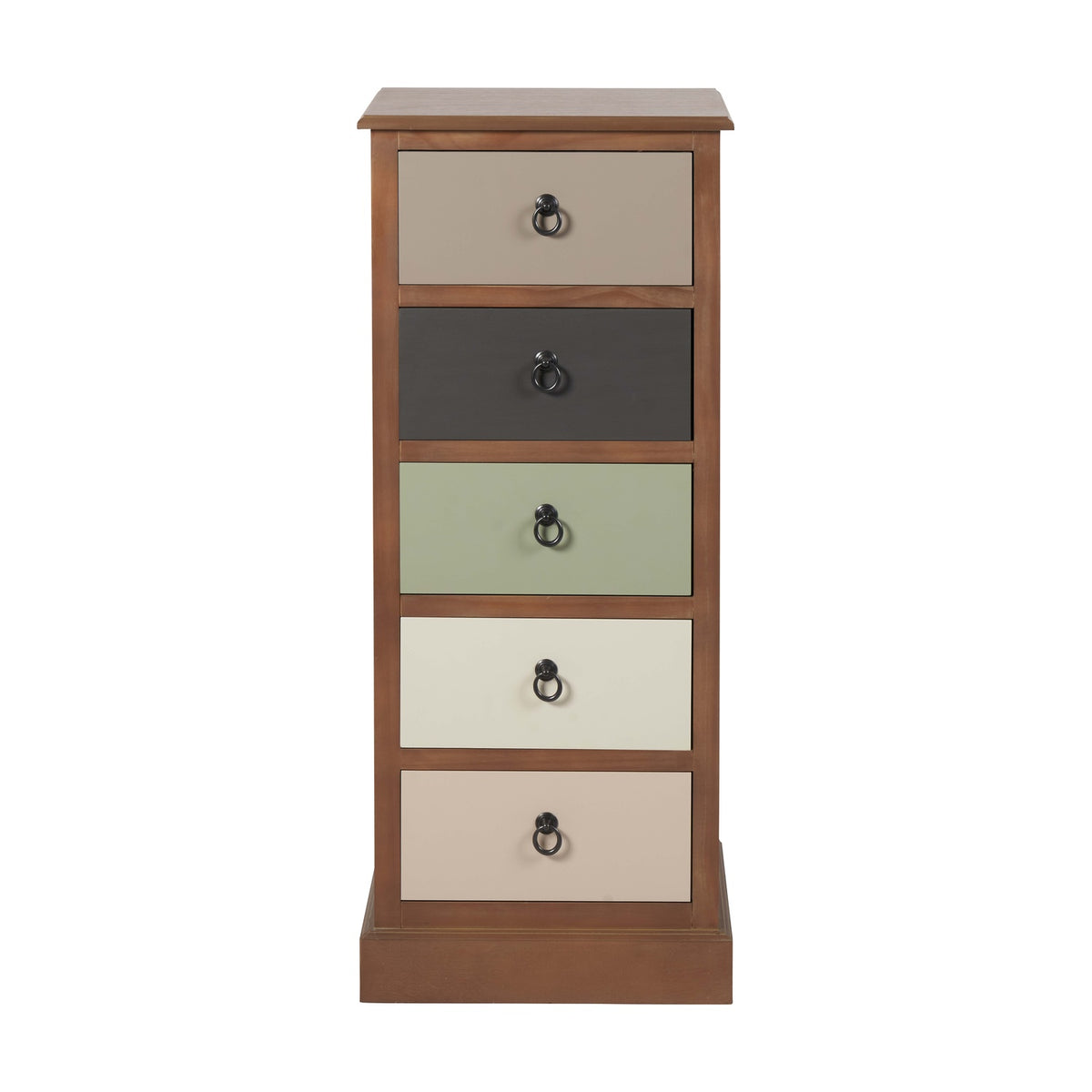 Tall pine chest of five drawers with dark ring pulls, drawer fronts in taupe, black, sage green, cream and beige, on a wooden plinth base, plain white background.