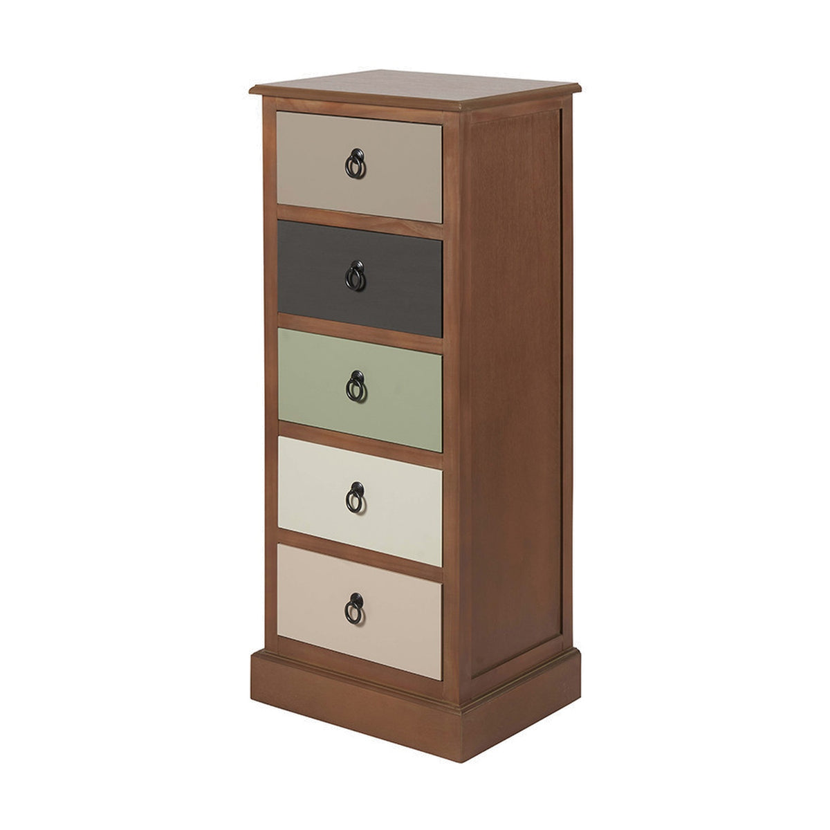 Loft Sage Multicoloured Pine 5 Drawer Unit, a tall pine chest with taupe, black, sage green, cream and beige drawer fronts and ring handles, on a white background.