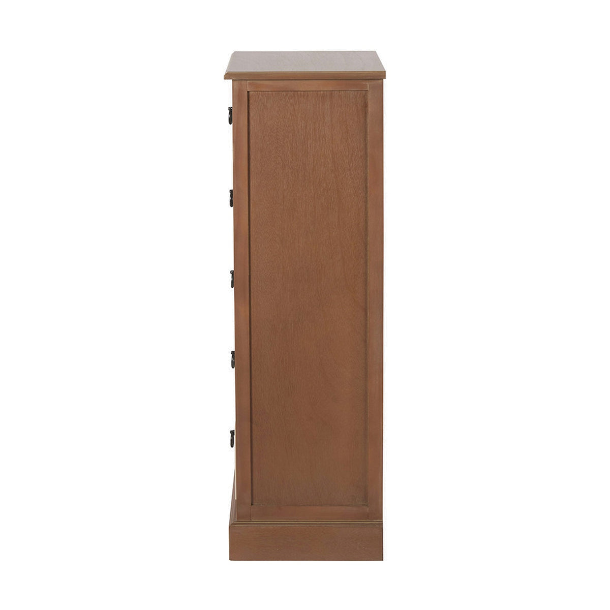 Side view of the Loft Sage 5 drawer chest, tall pine unit with wood-grain finish and small black knobs, shown against a plain white background.