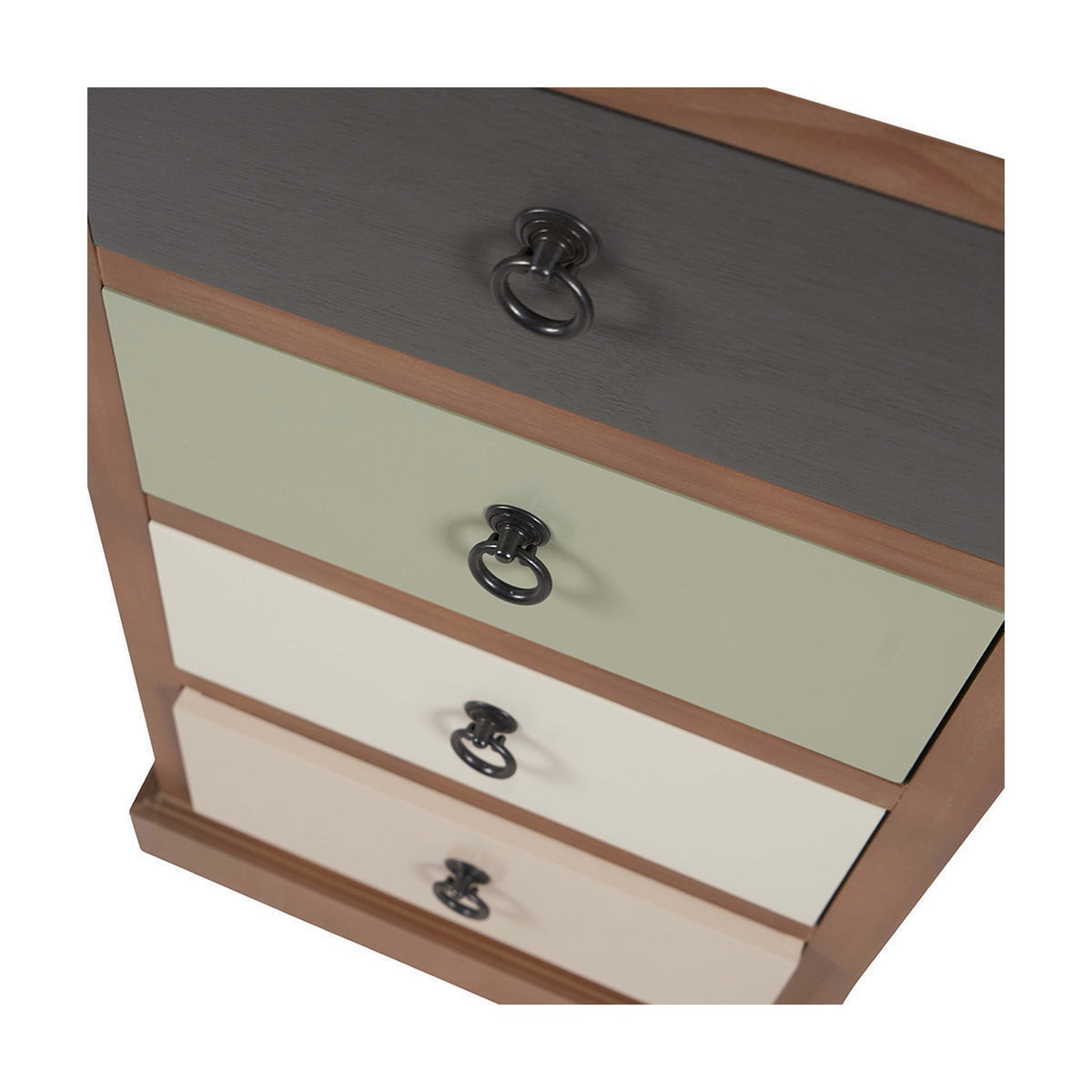 Close-up of the Loft Sage Multicoloured Pine 5 Drawer Unit, showing dark grey top, sage green and cream drawer fronts with dark ring pull handles on a wood frame.