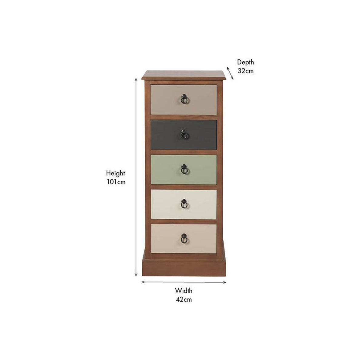 Loft Sage 5 drawer chest, 101cm tall pine unit with taupe, black, green, cream and beige drawer fronts and ring pull handles, shown with dimensions on a white background.