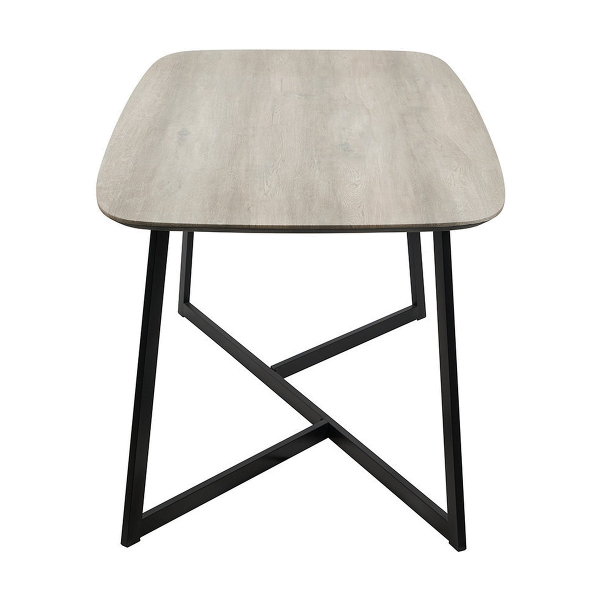 Ukiah Grey Oak Veneer & Black Iron Dining Table with rounded rectangular top and criss-cross metal legs, shown on a plain white background.