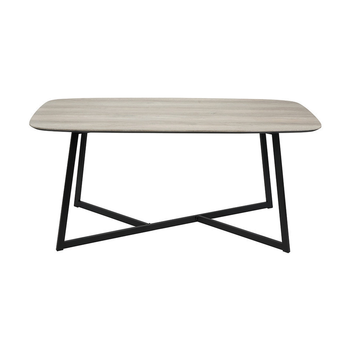 Ukiah rectangular dining table with grey oak veneer top and black iron cross-frame base, shown on a plain white background.