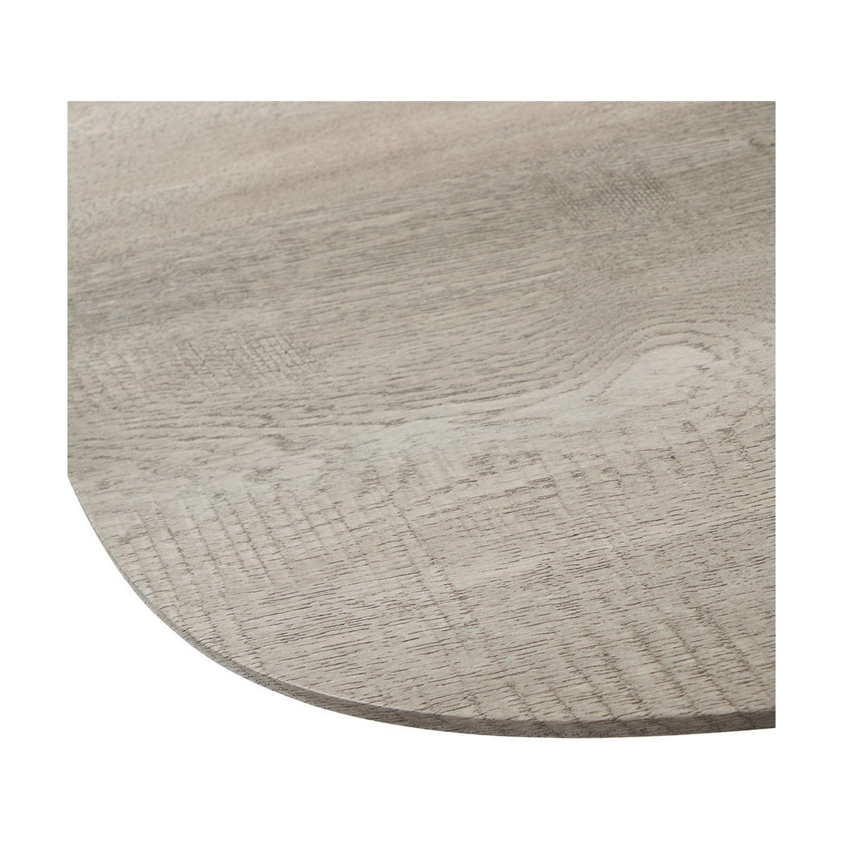 Close-up of the Ukiah dining table's rounded grey oak veneer top, showing natural wood grain texture and a bevelled edge.