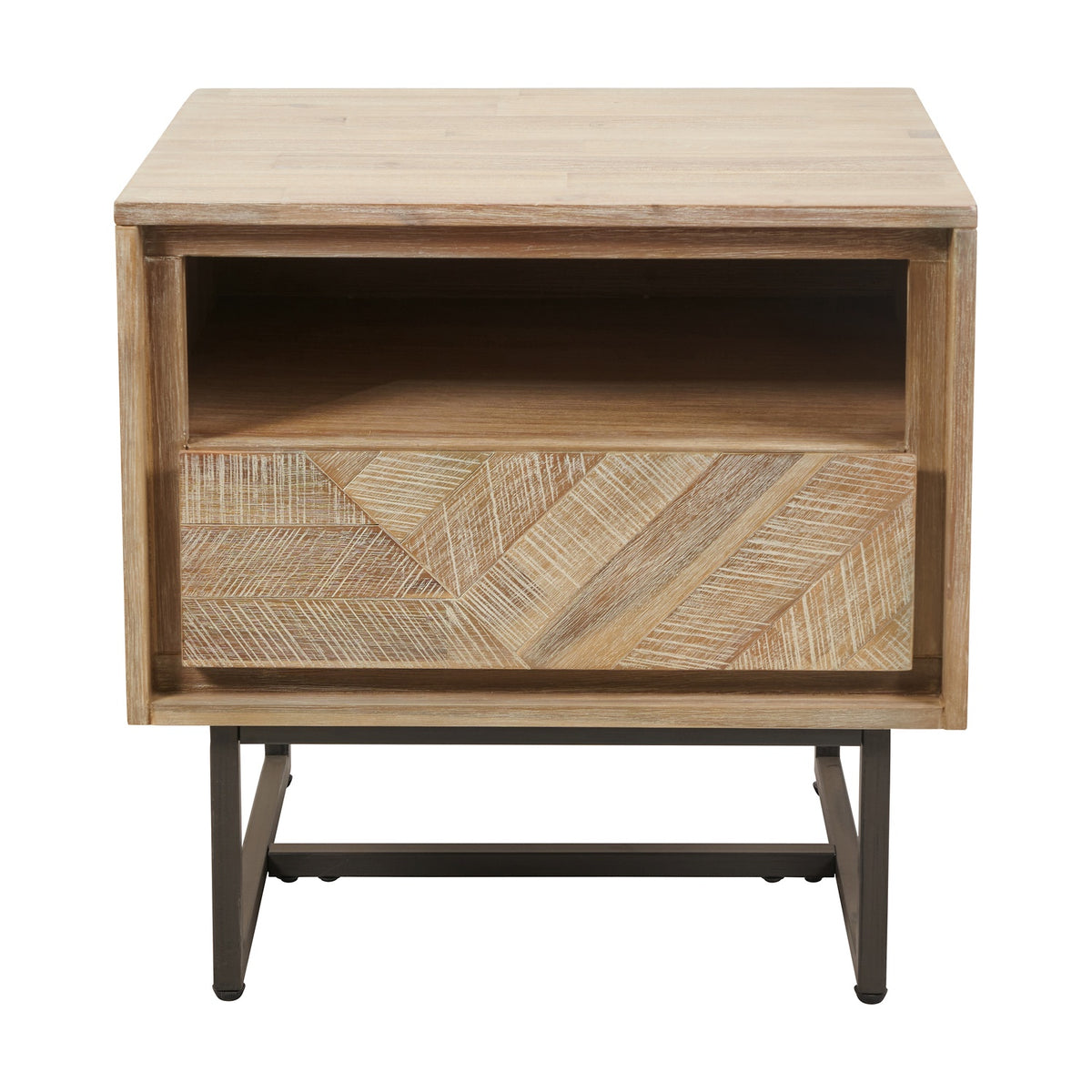 Marca Sand Wash Acacia 1 Drawer Shelf Shelving Unit, 55cm, with an open shelf and patterned herringbone-style drawer front on splayed metal legs, shown against a plain white background.