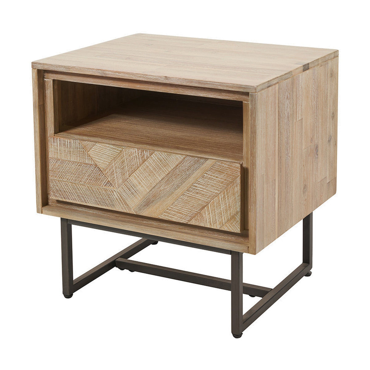 Marca Sand Wash Acacia 1 Drawer Shelving Unit, 55cm, with an open shelf and herringbone-patterned drawer front on black metal legs, shown on a plain white background.