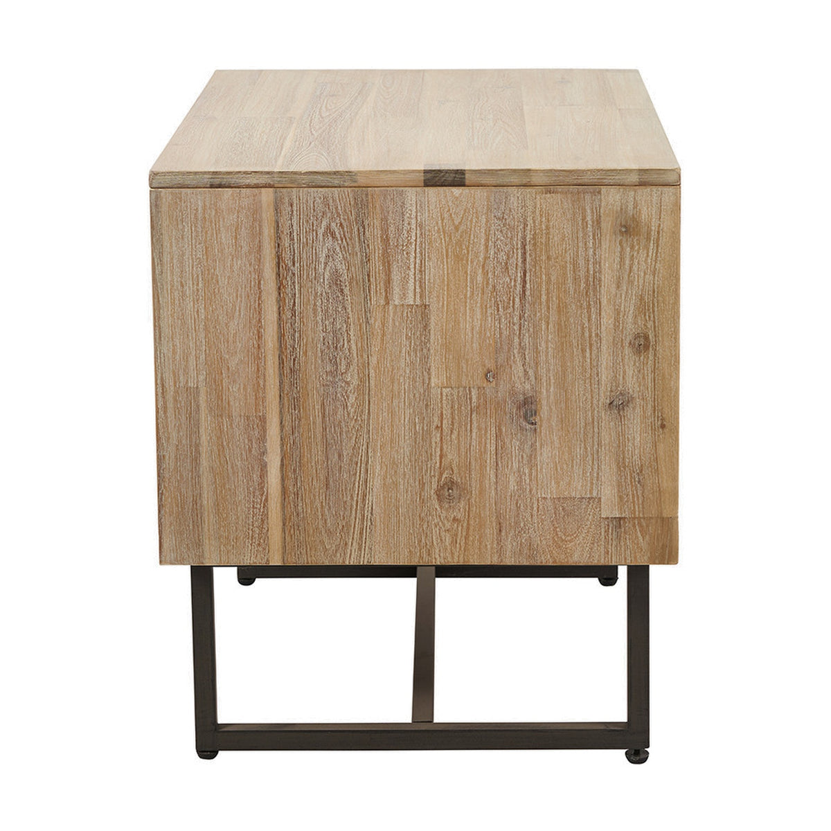 Side view of the Marca Sand Wash Acacia 1 Drawer Shelving Unit showing solid wood panelling and a black metal base frame on a white background.