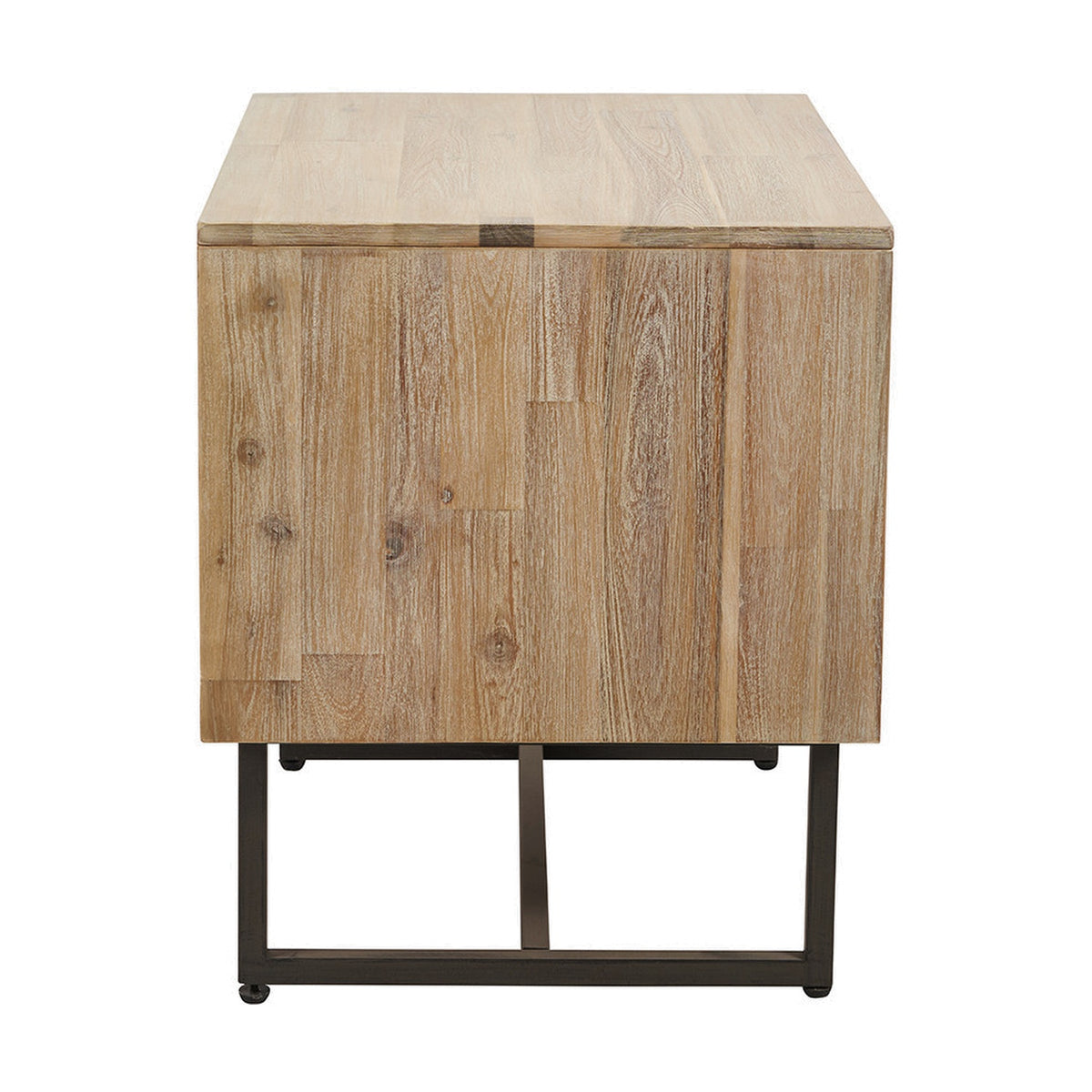 Side view of the Marca Sand Wash Acacia shelving unit showing solid wood panel construction on a black metal frame base, set against a plain white background.