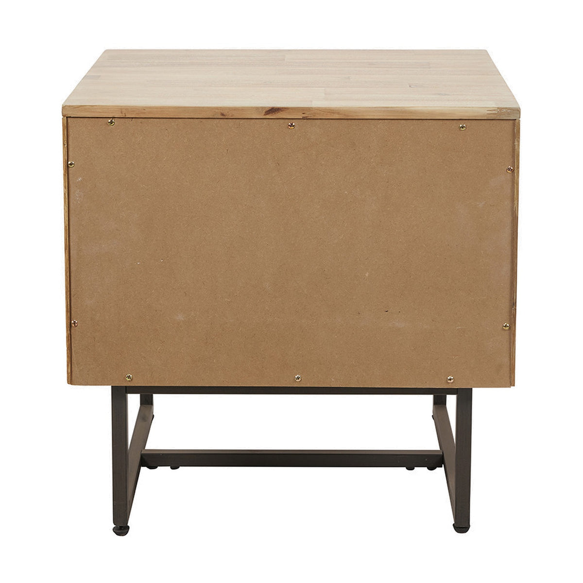 Rear view of the Marca Sand Wash Acacia shelving unit showing a wood-panelled back with visible screws and black metal H-frame legs on a plain white background.