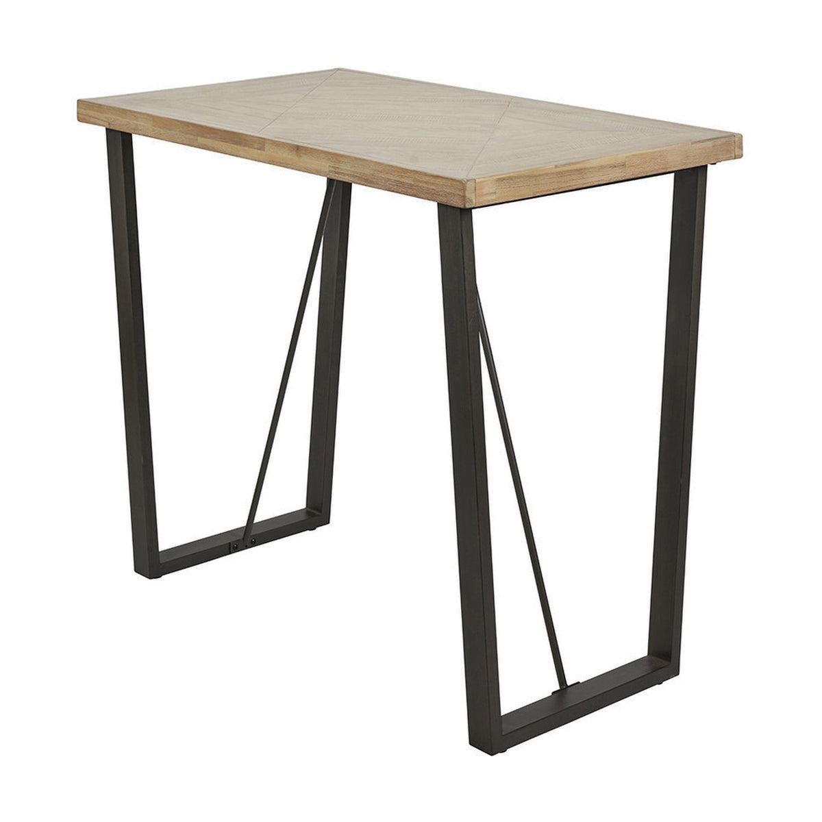 Marca bar dining table with sand wash acacia wood top and angled black iron legs with cross-bar supports, shown on a plain white background.