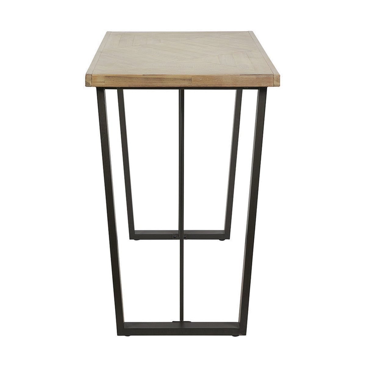 Marca sand wash acacia bar dining table, 107cm, with rectangular wood top and black iron trapezoid legs, shown against a plain white background.
