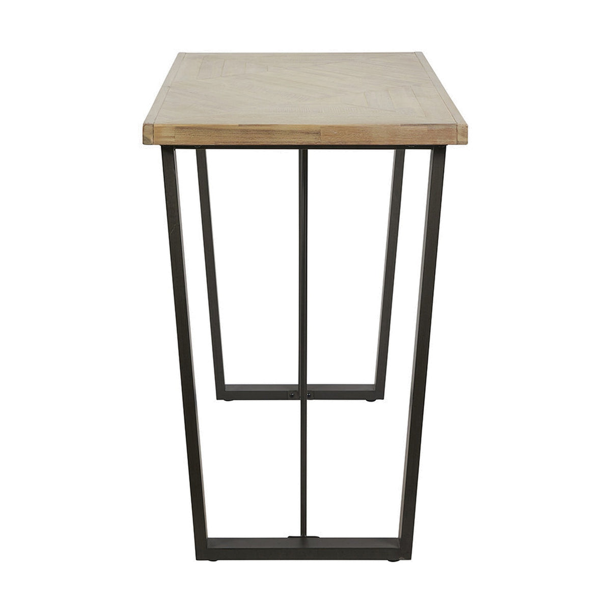 Marca Sand Wash Acacia & Black Iron Bar Dining Table, 107cm, side view showing tapered black metal legs and a light wood tabletop with visible grain, on a plain white background.