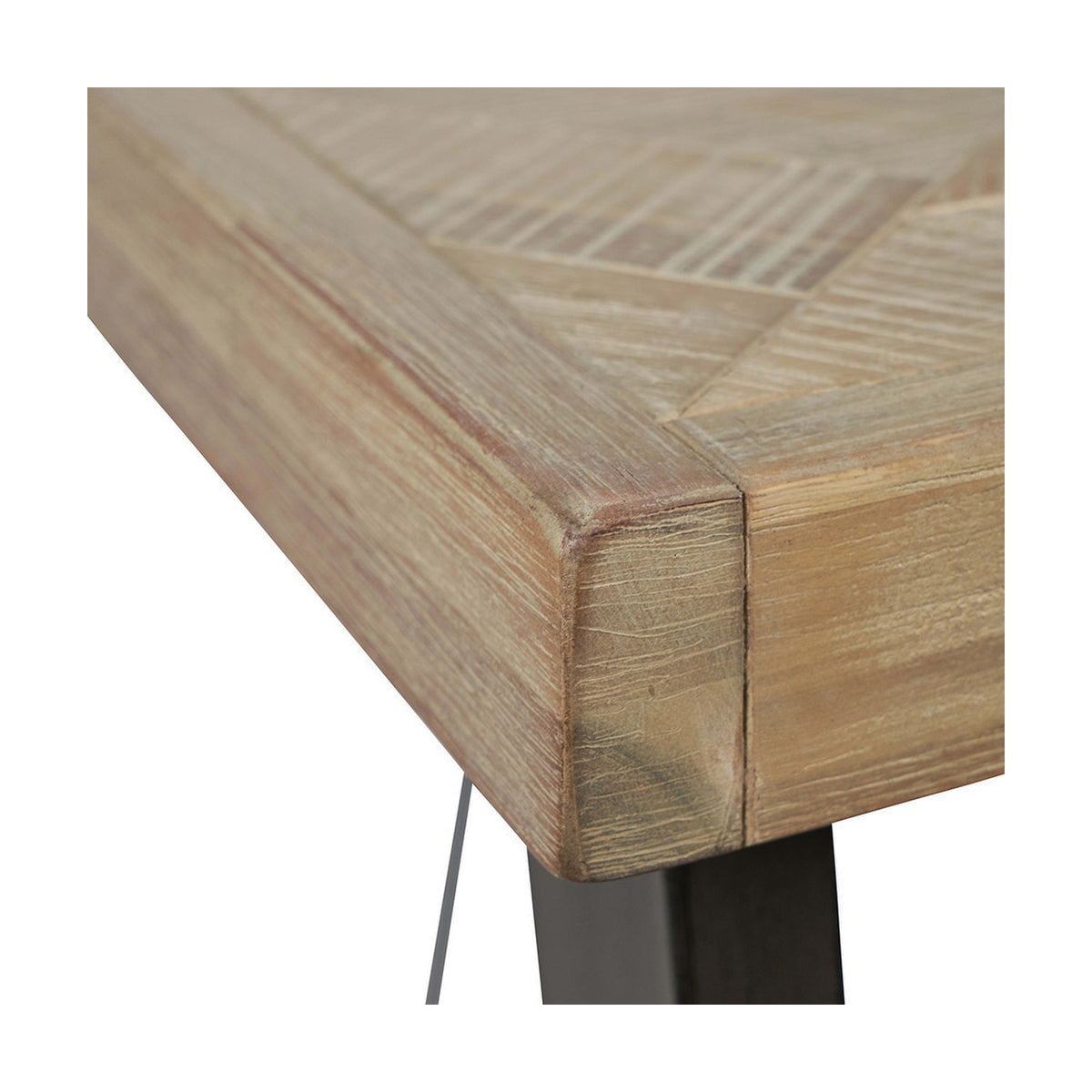Close-up of the Marca Sand Wash Acacia & Black Iron Bar Dining Table showing a mitred wood corner joint with parquet-style grain and black iron leg.