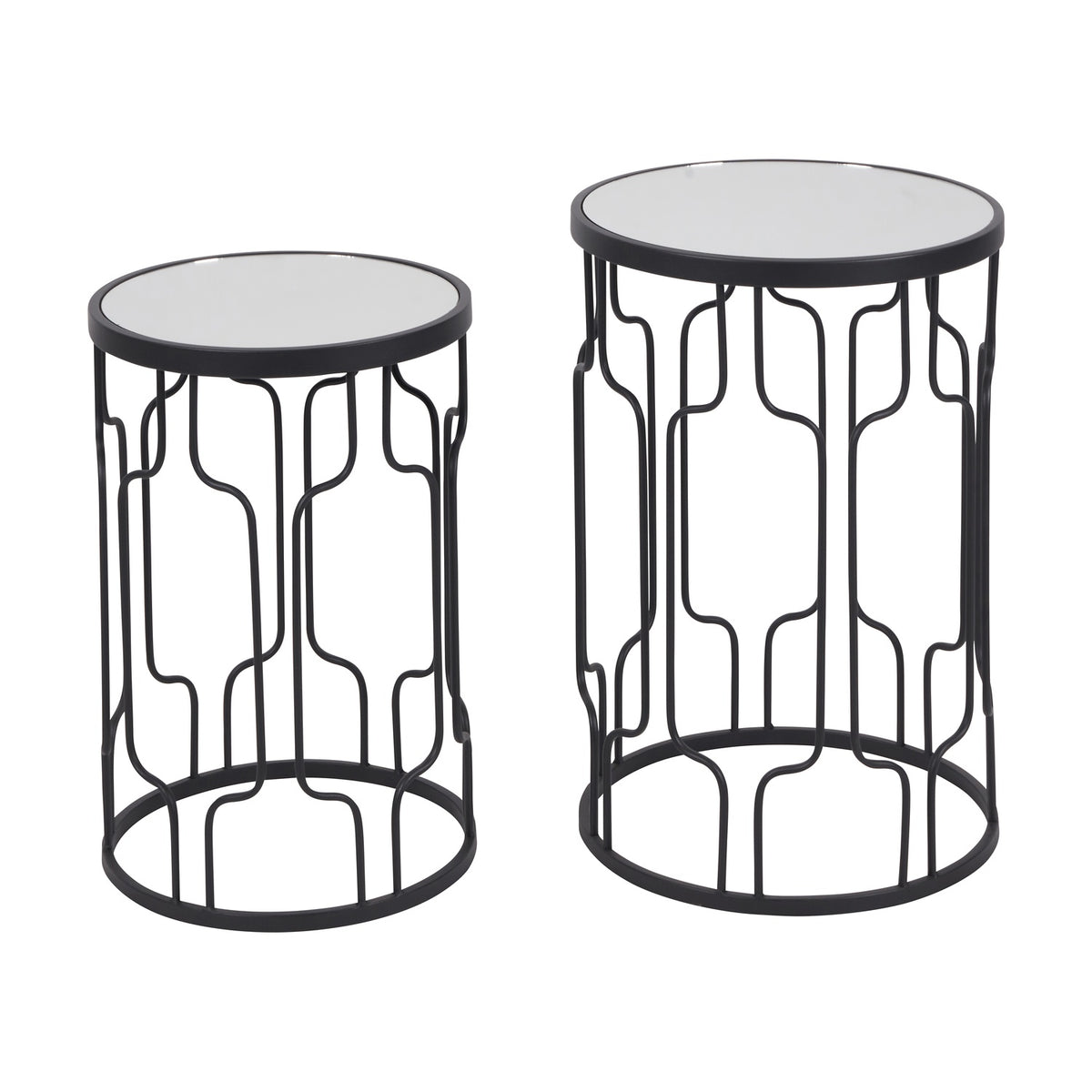 Caprisse Set of 2 side tables in graphite iron with round mirrored glass tops, geometric openwork frames, shown on a plain white background.