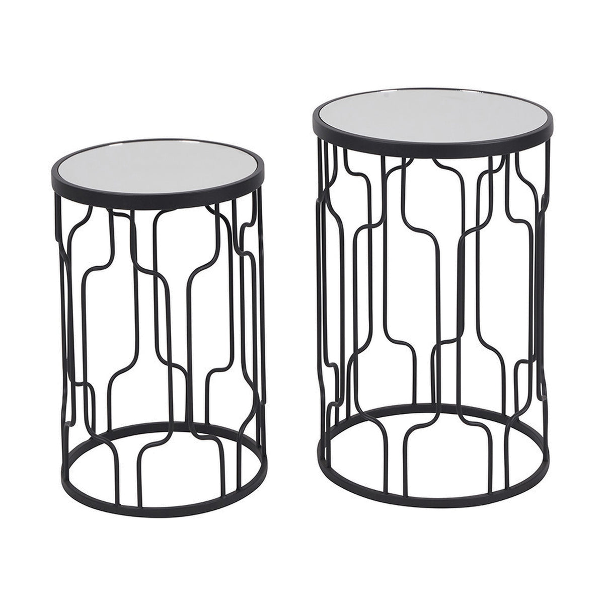 Caprisse set of 2 side tables in graphite iron with round mirrored glass tops and geometric wave-patterned open frames, shown on a plain white background.
