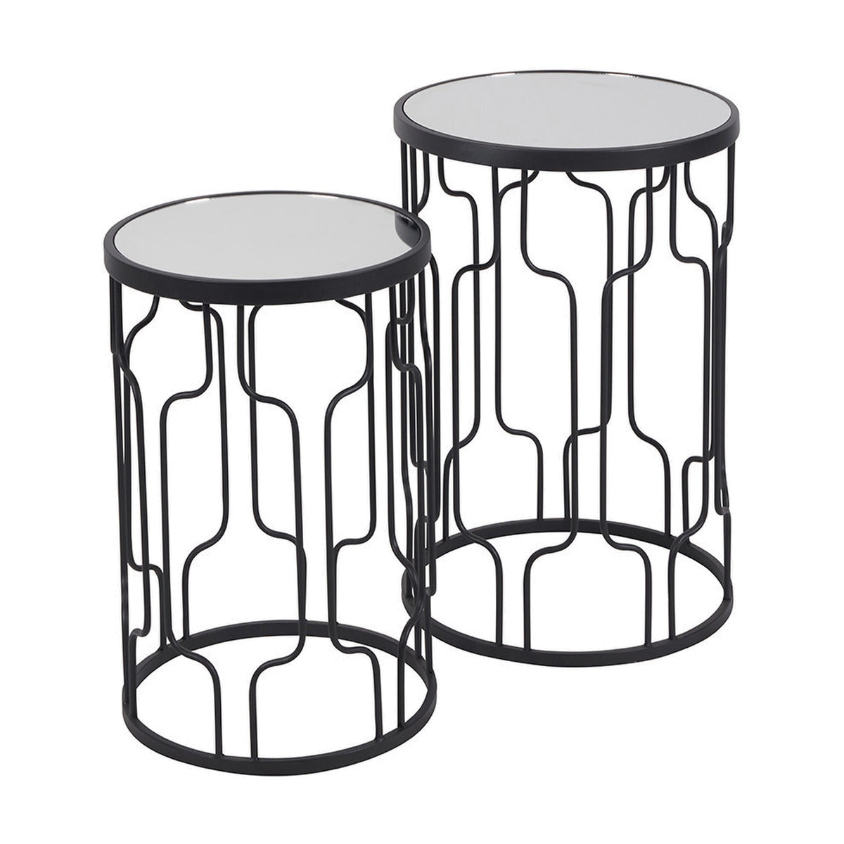 Caprisse Set of 2 side tables with round mirrored glass tops and graphite iron frames in an open geometric design, shown in varying heights on a white background.