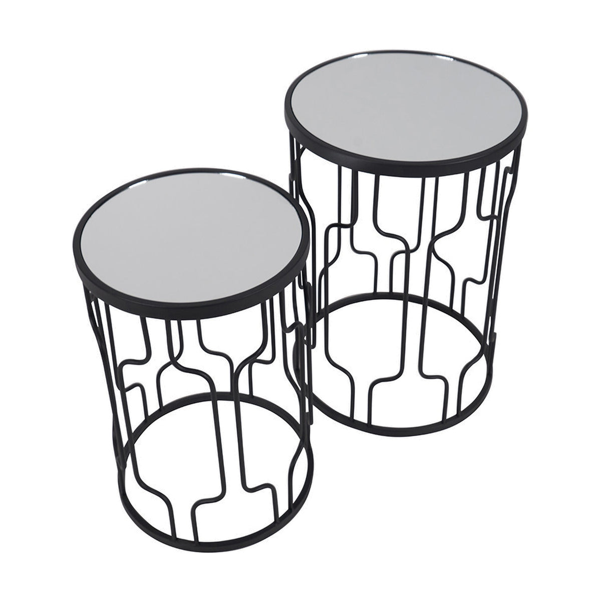 Caprisse set of 2 round side tables with mirrored glass tops and graphite iron geometric-cutout frames, shown at different heights on a plain white background.