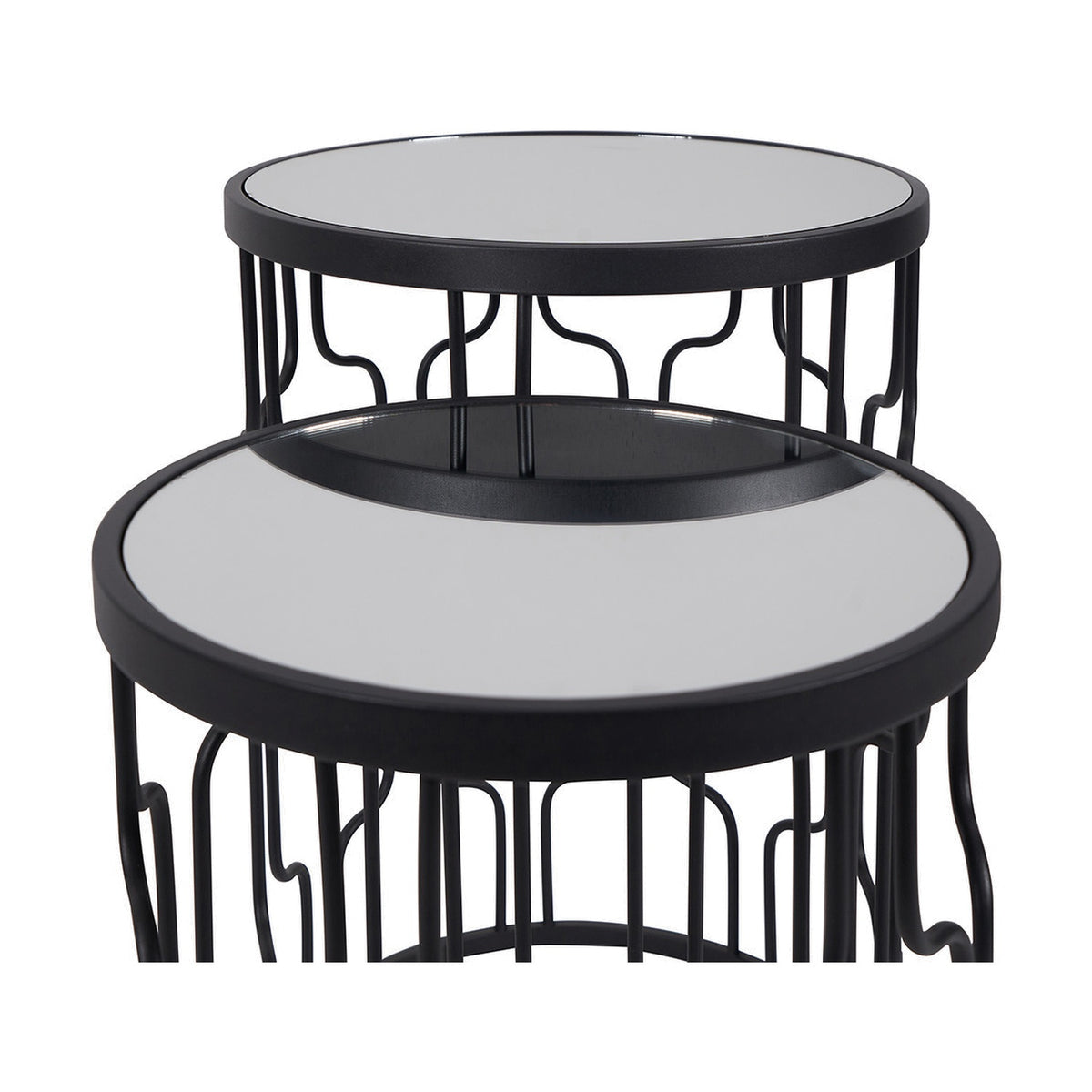 Caprisse set of 2 round side tables with mirrored glass tops and graphite iron wave-patterned frames, shown on a plain white background.