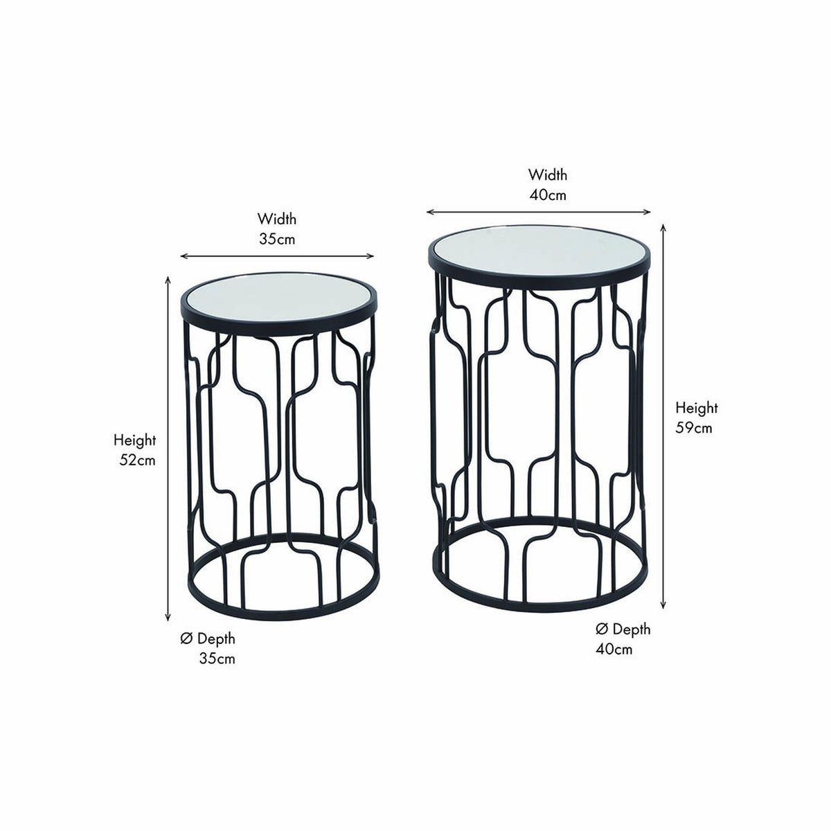 Caprisse Set of 2 side tables with round mirrored glass tops and graphite iron geometric frames, shown with dimensions on a white background.