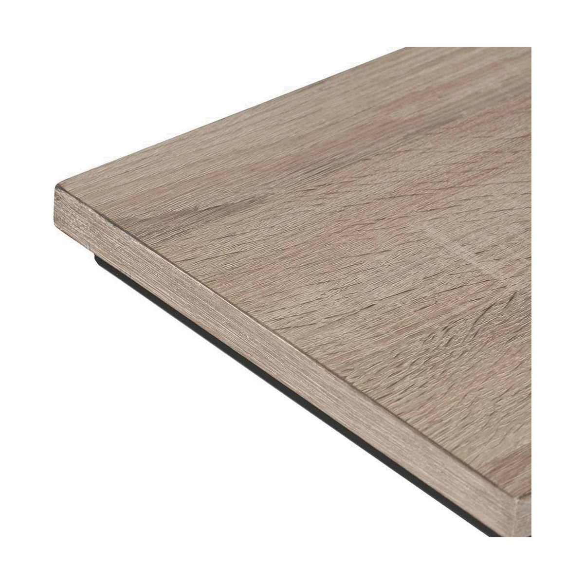 Close-up of the Soho Side Table's corner, showing a natural wood veneer top with visible grain and a black iron edge on a plain white background.