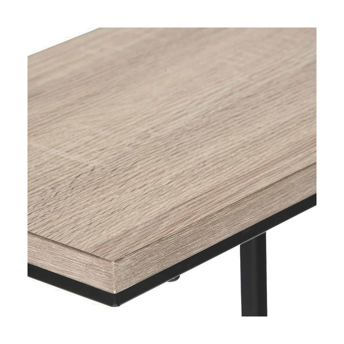 Close-up of the Soho Wood Veneer & Black Iron Supper Side Table's tabletop corner, showing natural wood grain and a slim black iron frame with leg.