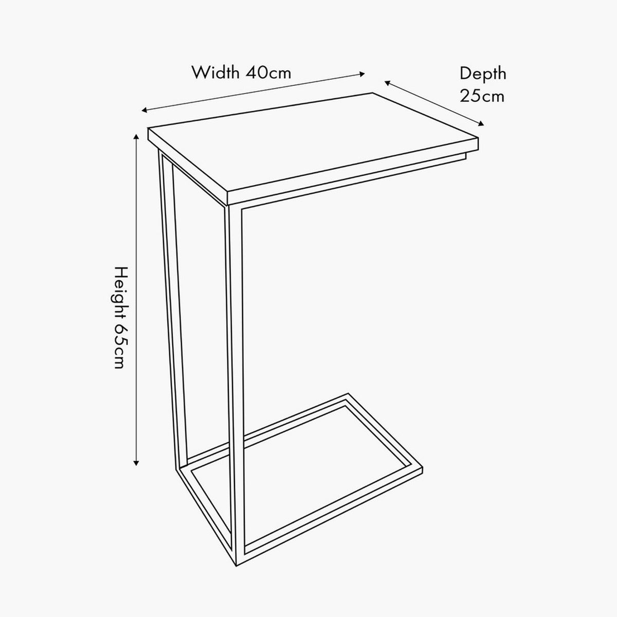 Line drawing of the Soho Wood Veneer & Black Iron Supper Side Table showing a C-shaped black metal frame with rectangular top, labelled 40cm width, 25cm depth, 65cm height.
