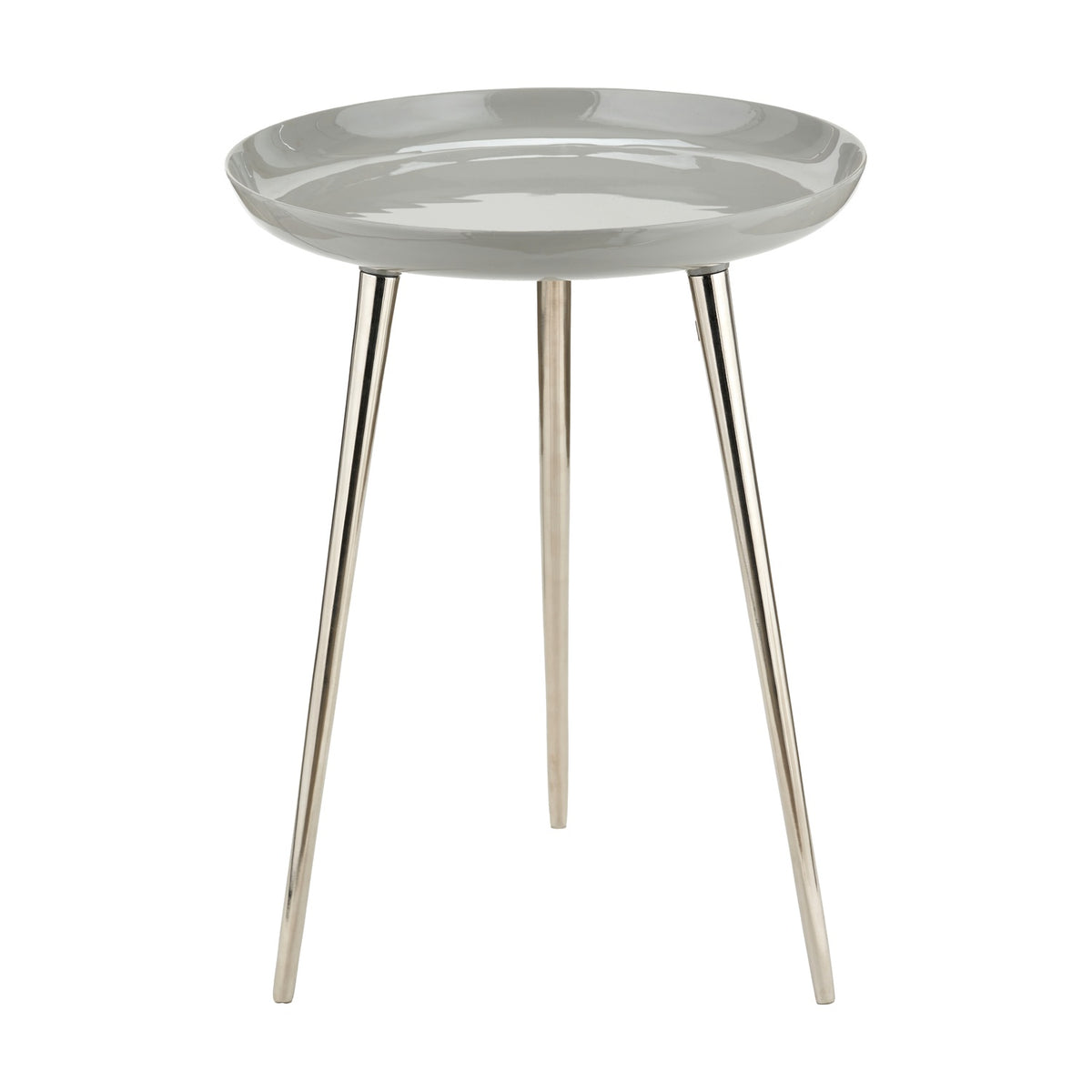 Seline Grey Enamel & Silver Aluminium Side Table, 58cm, with a round glossy grey enamel tray top on three slender tapered silver aluminium legs, shown on a plain white background.