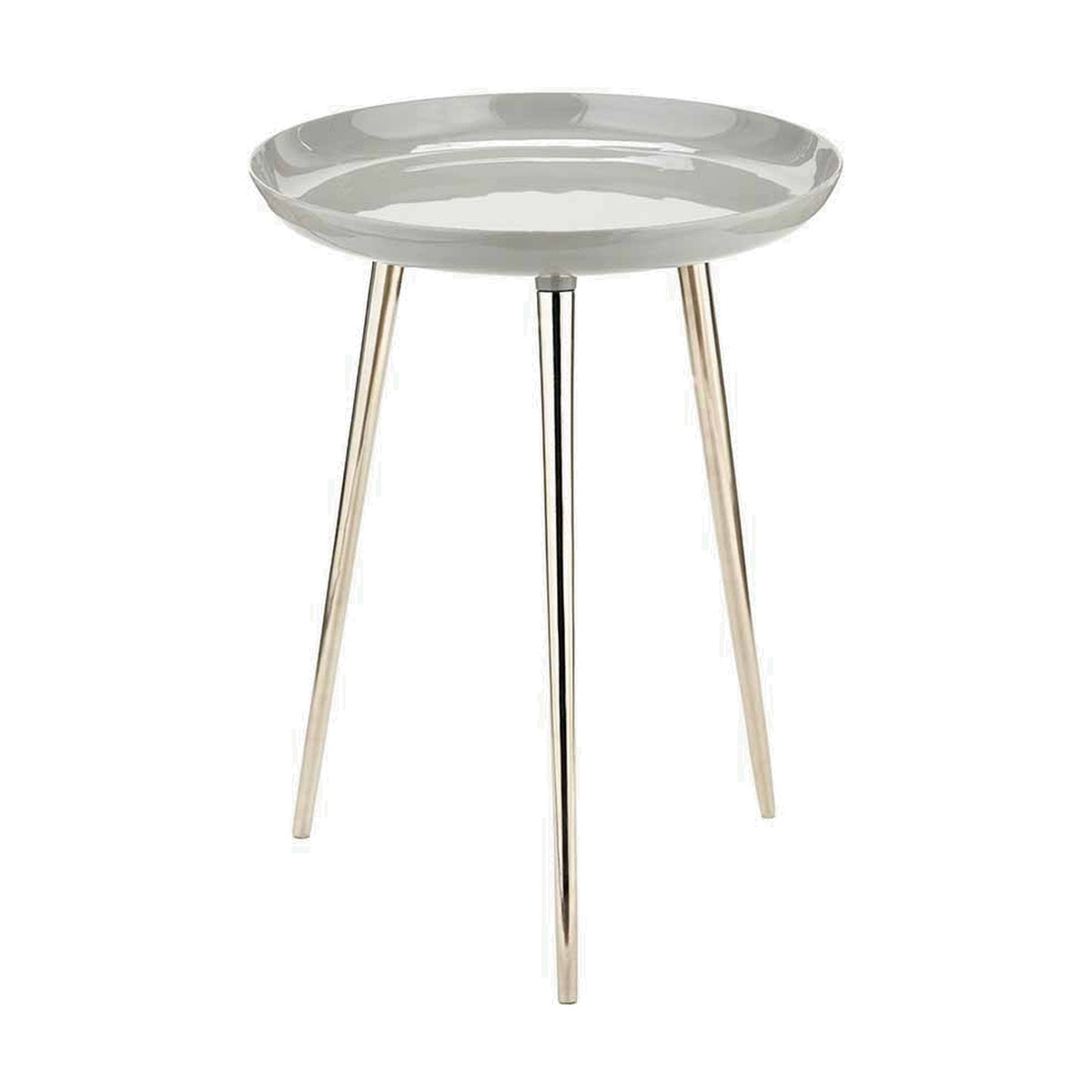 Seline Grey Enamel & Silver Aluminium Side Table, 58cm, with a round glossy grey tray-style top and three tapered silver aluminium legs, shown on a plain white background.