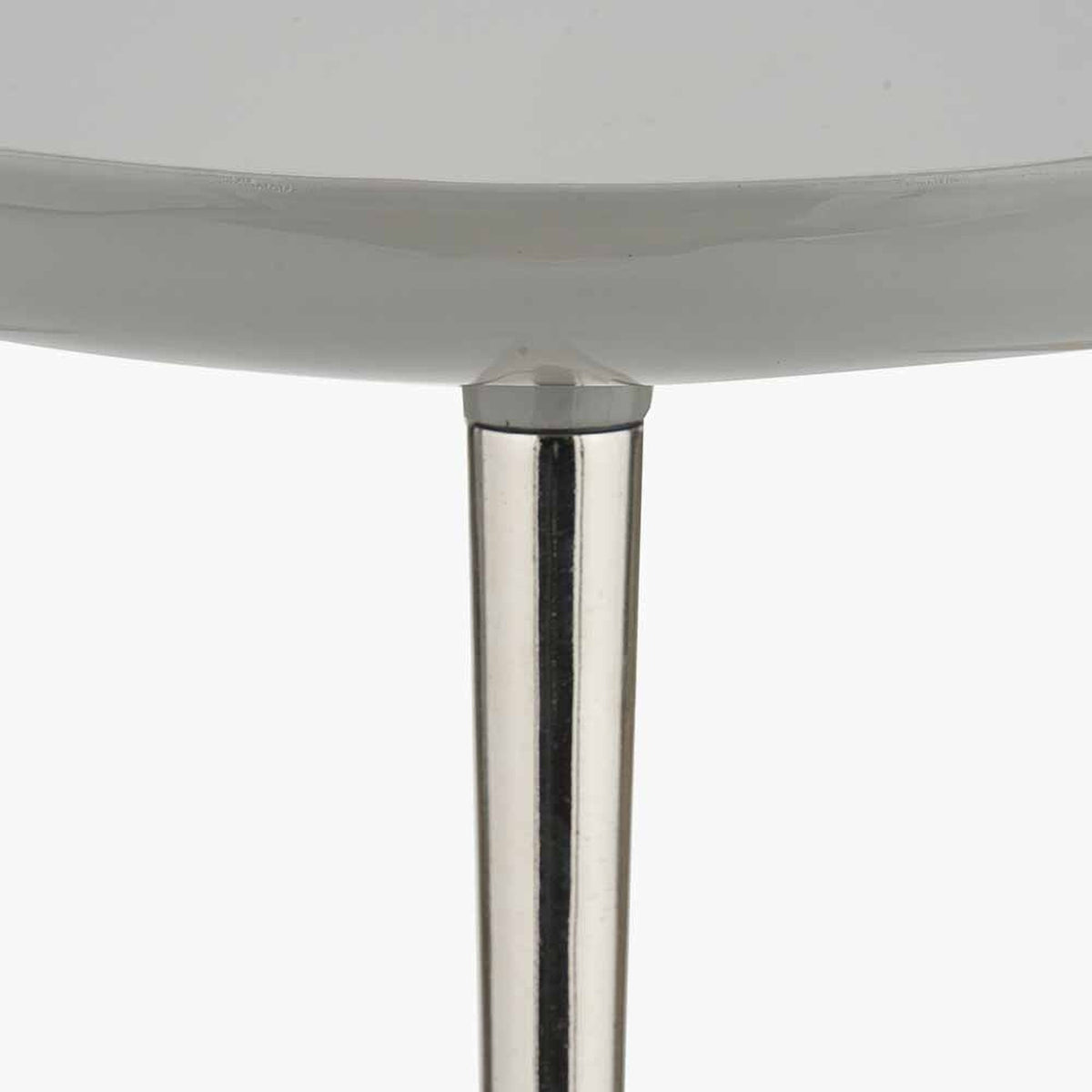 Close-up of the Seline Grey Enamel & Silver Aluminium Side Table, showing the tapered silver aluminium leg meeting the grey enamel tabletop underside.