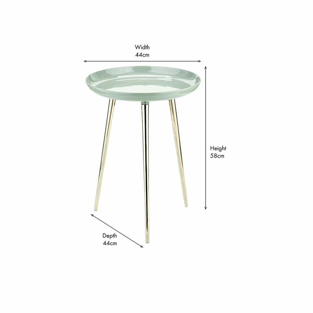 Seline Grey Enamel & Silver Aluminium Side Table with round glossy grey tray top and three tapered silver legs, dimensions 44cm width, 44cm depth, 58cm height, on white background.