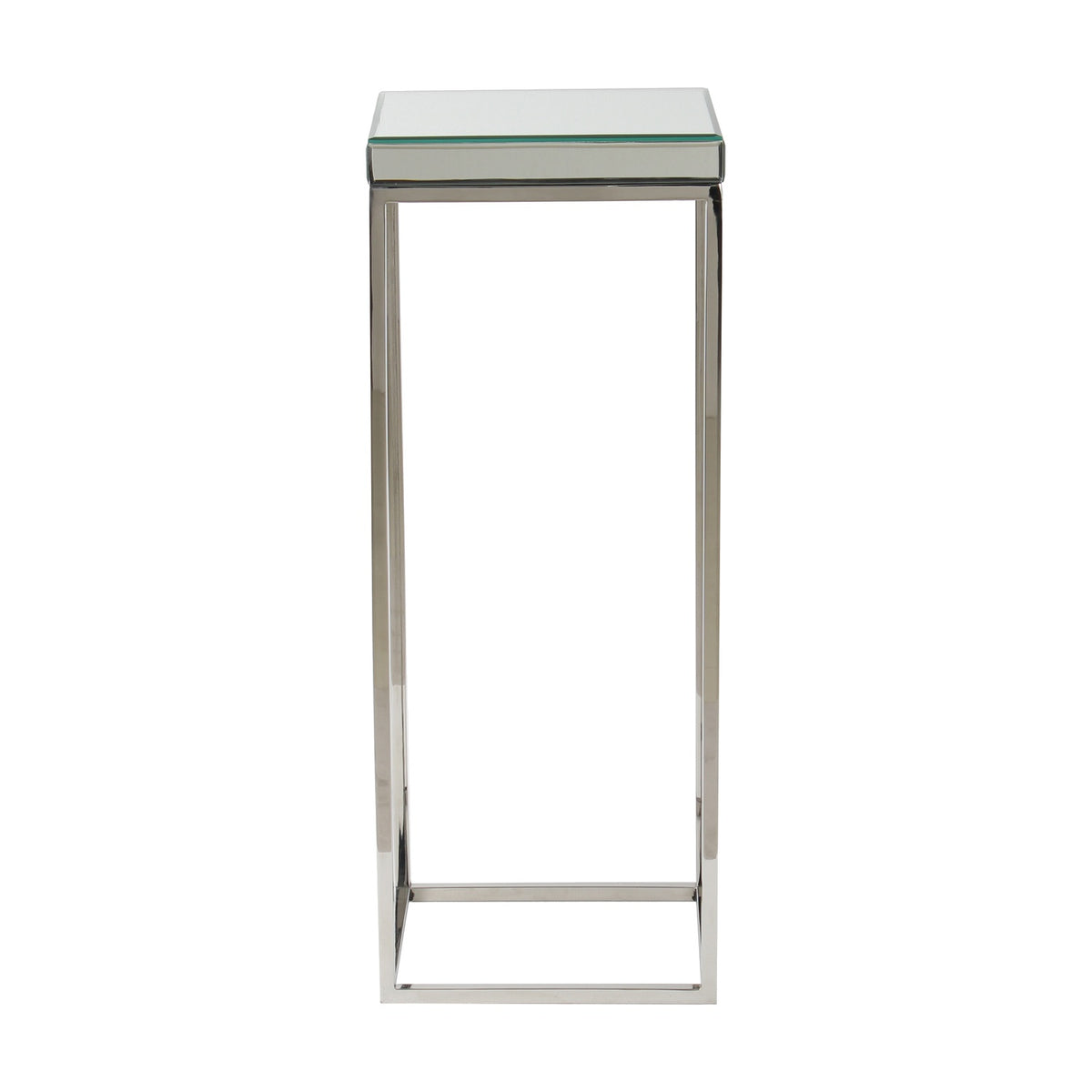 Elysee Side Table, 77cm tall, with a mirrored glass top and slim silver iron frame, shown on a plain white background.