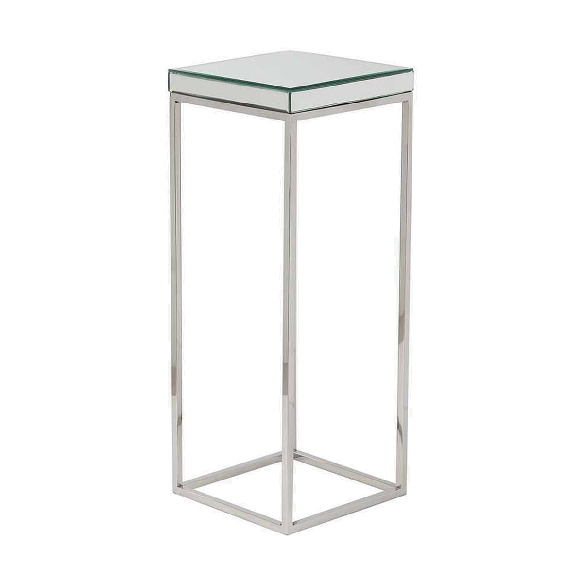 Elysee Side Table, 77cm tall, with mirrored glass top and slim silver iron frame, square base, shown on a plain white background.