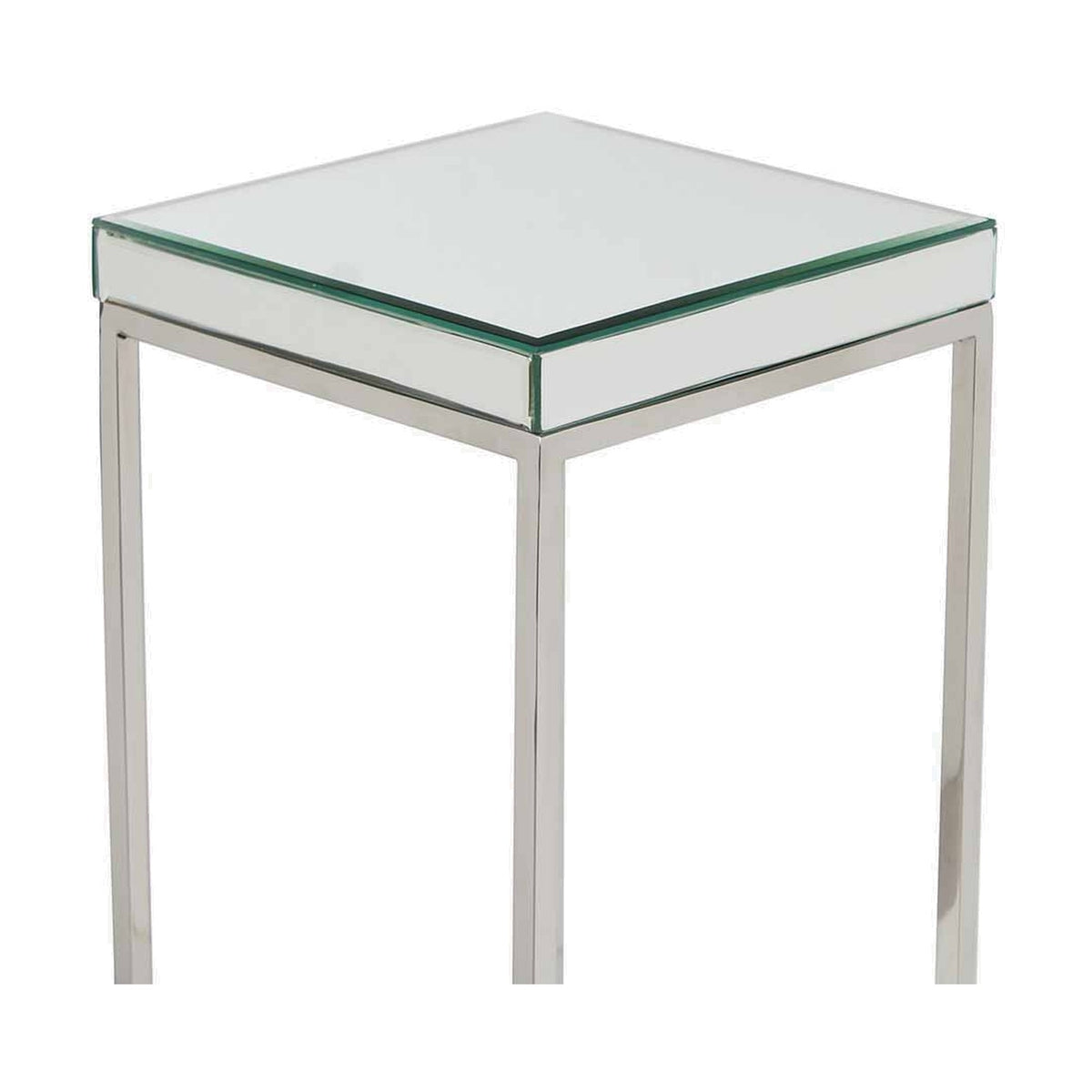 Elysee Side Table close-up showing mirrored glass top and slim silver iron legs with square frame, on a plain white background.