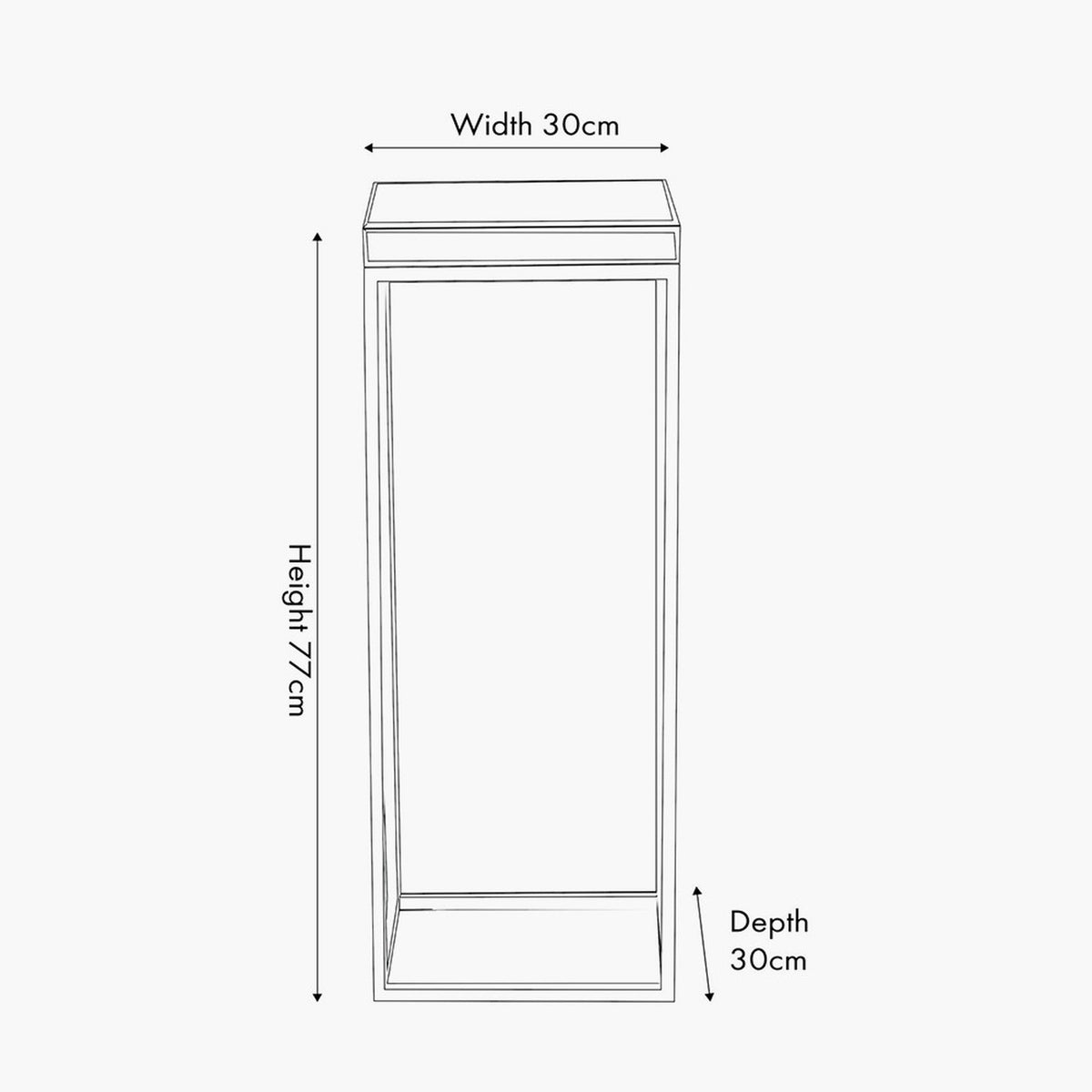 Line drawing of the Elysee Mirrored Glass & Silver Iron Side Table showing a tall rectangular frame with mirrored top, labelled 30cm width, 30cm depth, and 77cm height.
