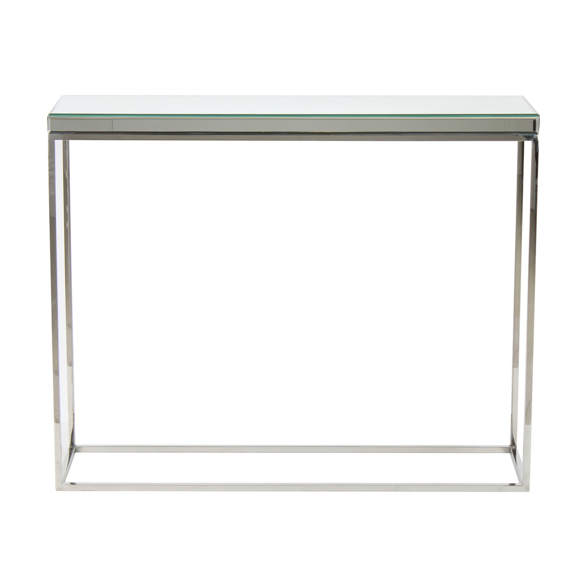 Elysee Mirrored Glass & Silver Metal Console Table with a rectangular mirrored top and open geometric steel frame, shown against a plain white background.