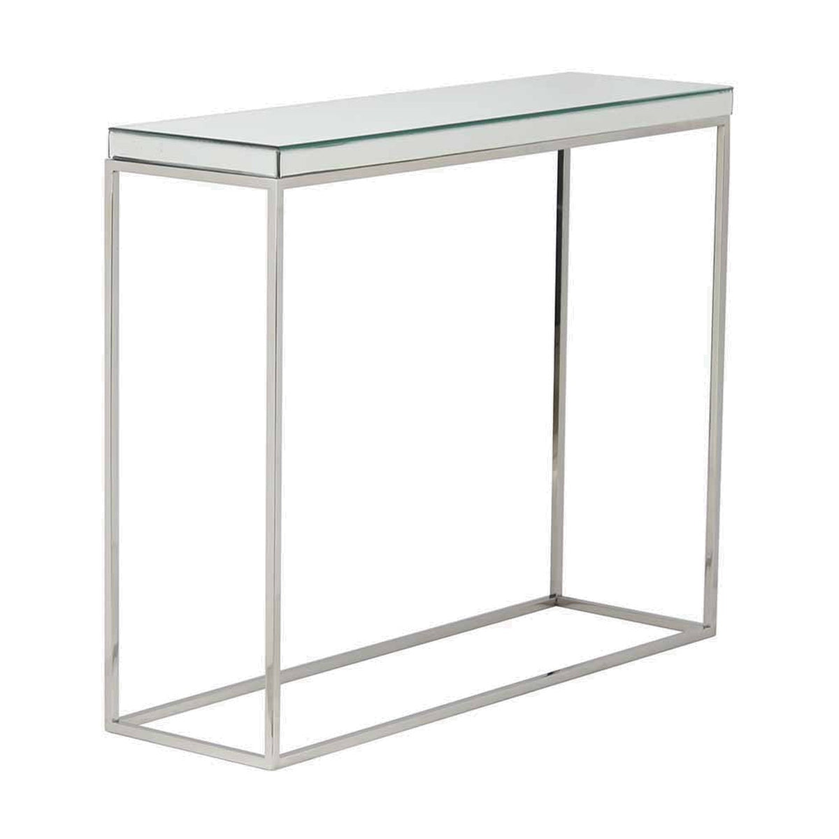 Elysee console table with mirrored glass top and slim silver metal frame, rectangular open base, shown on a plain white background.