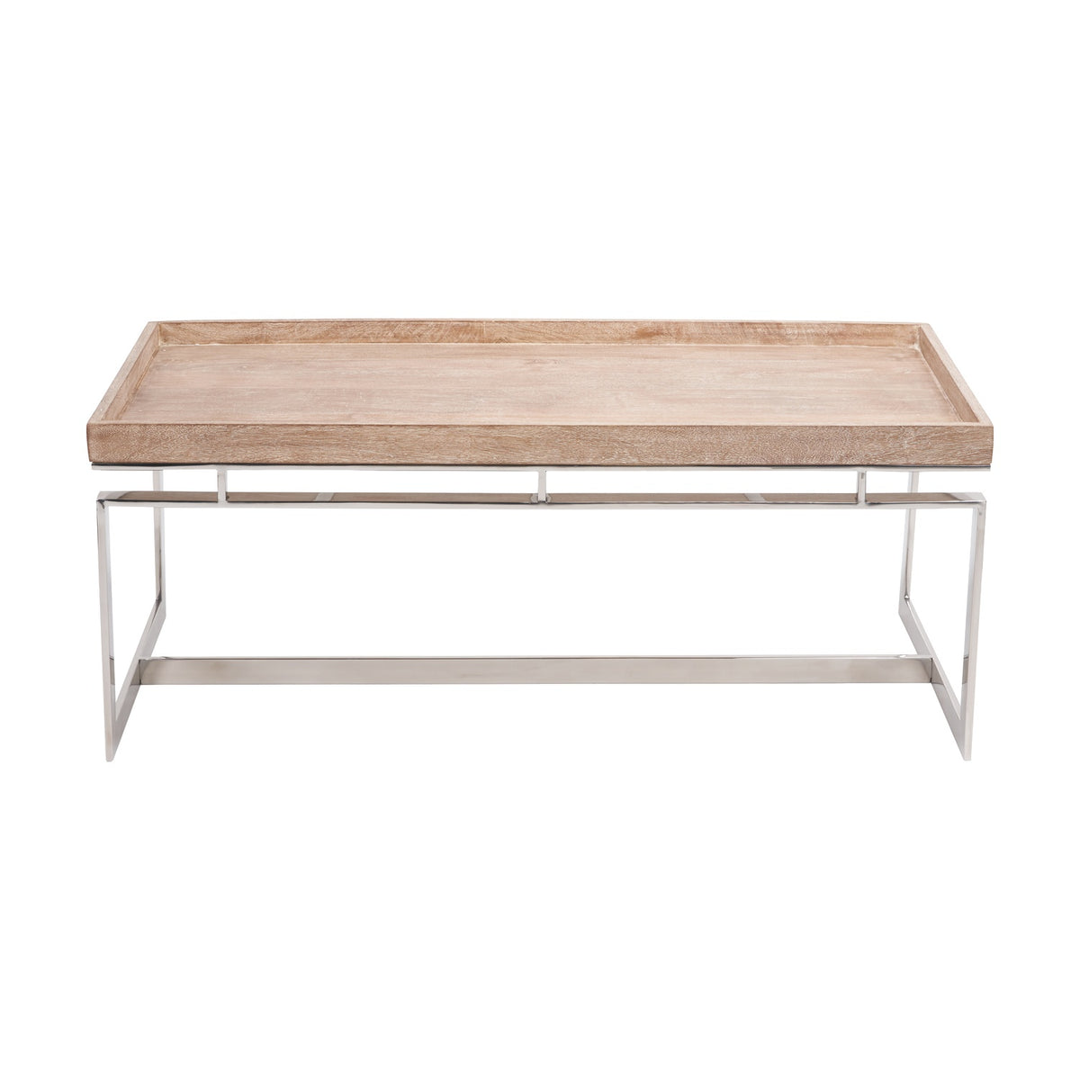 Evelyn coffee table with a rectangular natural mango wood tray top and silver metal frame base, shown on a plain white background.